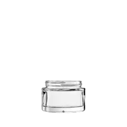 The image shows the Calaso 4.1oz Glass Jar. It is a transparent, cylindrical glass container with a smooth surface and a wide mouth. The jar appears empty, showcasing its clarity and simple design. The lid is not visible in the image.