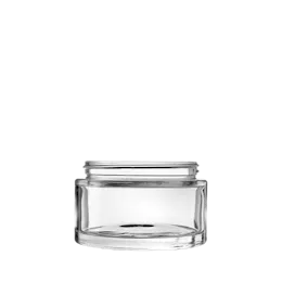 The image shows the Calaso 8.1oz Glass Jar from Glasmeister. The jar is cylindrical with smooth, clear glass, allowing the contents to be easily visible. It has a wide mouth and no lid is shown in the image. The jar has a simple, sleek design suitable for various storage purposes.
