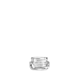 The image features the Calaso 1.0oz Glass Jar HM14010-100. The jar is clear and cylindrical with a smooth, seamless surface. It has a wide, round opening at the top, making it suitable for storing creams, balms, or other small quantities of products. The glass appears thick and sturdy, providing a high-quality look and feel. The jar does not have any labels or markings, showcasing its clean and minimalist design.