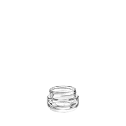 The image shows a clear glass jar with a cylindrical shape and a wide opening. The jar has a flat base and smooth sides, providing a clean and simple look. This is the Calaso 1.0oz Glass Jar HM14010. The jar is empty and has no lid attached in the image. It appears to be designed for holding small quantities of product, likely suitable for cosmetics or small food items.