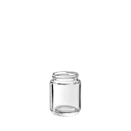 The image shows the Calaso 4.1oz Glass Jar (HM14013-100). The jar is cylindrical with a smooth, transparent glass body and a wide mouth opening. The design is simple and sleek, making it ideal for storing various products. The glass appears to be thick and durable, and the jar does not have any additional labeling or markings visible.