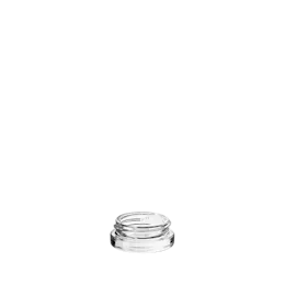 The image shows the Calaso 0.2oz Glass Jar HD13708-100. It is a small, clear glass jar with a cylindrical shape and a smooth finish. The jar has a wide mouth, making it easy to access its contents. There are no visible labels or markings on the jar, giving it a clean and minimalist appearance. The jar is designed to hold a small amount of product, suitable for samples or travel-sized quantities.