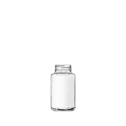 The image shows the Calaso 5.1oz Glass Jar HF13986-100. The jar is clear and cylindrical with smooth, transparent glass. It features a wide, straight neck and a flat, circular base. The design is simple and elegant, allowing for a view of the contents inside. The jar has no visible lid in the image.