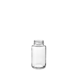 The image shows the Calaso 5.1oz Glass Jar from Glasmeister. The jar is made of clear glass and has a cylindrical shape with smooth, clean lines. It features a wide mouth opening, making it suitable for various contents. The image highlights the transparent nature of the glass, allowing the contents inside to be visible. The jar is displayed against a plain, white background, emphasizing its simplicity and elegance.