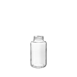 The image shows the Calaso 6.8oz Glass Jar HF13987-100. It is a clear, cylindrical glass jar with a smooth, transparent surface. The jar has a wide mouth with a threaded neck designed for a screw-on lid (not shown in the image). The bottom of the jar is flat, allowing it to stand upright. The overall design is simple and functional, suitable for storing various contents.