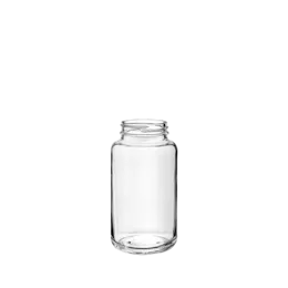 The image shows a clear, cylindrical glass jar with a smooth surface. The jar features a wide mouth opening and is positioned against a plain white background. This product is identified as the "Calaso 8.5oz Glass Jar HF13988-100." The simplicity and transparency of the jar highlight its clean and modern design.