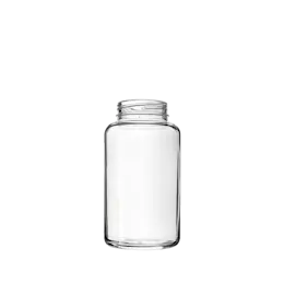 The image shows the Calaso 10.1oz Glass Jar (HF13989-100). It is a clear, cylindrical glass jar with smooth, straight sides and a wide opening at the top. The jar has a sleek and modern design, ideal for storing various contents. The glass is transparent, allowing the contents to be easily visible.