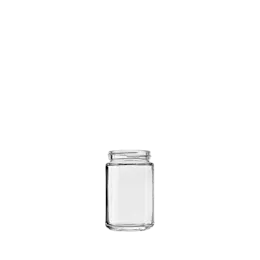 The image features a clear glass jar with a sleek, simple design. The jar is cylindrical with smooth sides and a slightly rounded shoulder transitioning into a wide, open mouth. The product name is Glasmeister 3.4oz Glass Jar SM210004-100. The jar is empty and displayed against a white background, highlighting its transparency and clean lines.