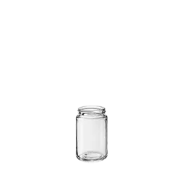 The image shows a clear, empty glass jar with a smooth, cylindrical shape and a wide opening at the top. The jar has a flat, circular base and slightly rounded shoulders that lead up to the open mouth. The overall design is sleek and modern, suitable for holding various contents. This product is the Glasmeister 3.4oz Glass Jar (SM210004-100).