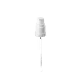 The image shows the Calaso PP Pump DIN18. The product is a white plastic pump dispenser with a sleek, cylindrical design. The pump has a ribbed collar for grip and a smooth actuator for easy dispensing. The pump is designed to fit on top of bottles and is commonly used for dispensing liquids like lotions, soaps, or other personal care products.