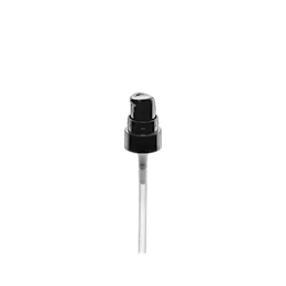 The image shows the Calaso PP Pump 18/400 FPB05A3C001, a sleek and modern pump dispenser. It features a white pump head with a smooth, rounded top and a short nozzle. The pump is attached to a clear, cylindrical dip tube that extends downward. This pump is designed for use with bottles and containers requiring a precise and efficient dispensing mechanism. The overall design is minimalist and functional.