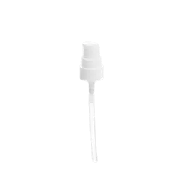 The image shows the Calaso PP Pump 18/400 FPB05A3C003-001. It is a white plastic pump dispenser with a smooth, cylindrical pump head and a long, slender dip tube extending downward. The pump head features a simple, clean design, suitable for dispensing liquids from bottles. The dispensing mechanism appears to be user-friendly, with a press-down action to release the product.
