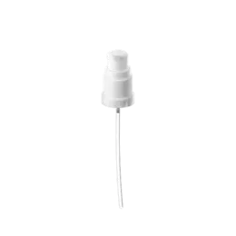 The image displays the Calaso PP Pump DIN18. The product features a white plastic pump mechanism with a sleek, cylindrical body. The pump head is equipped with a nozzle that can be pressed down to dispense liquid. The overall design is minimalistic and functional, suitable for attaching to a bottle with a DIN18 neck finish.