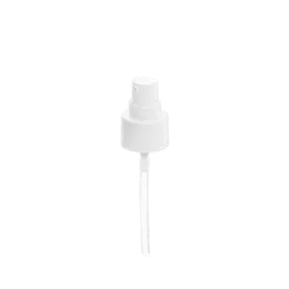 The image shows a Calaso PP Pump 24/410. The pump is a white plastic dispenser with a ribbed neck and a smooth, cylindrical pump head. The pump head has a flat top and a spout for dispensing liquids. The design is simple and functional, suitable for various liquid products.