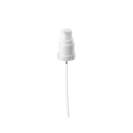 The image shows the Calaso PP Pump DIN18. It is a white plastic dispenser pump with a cylindrical shape. The pump features a ribbed screw cap that allows it to be attached to a compatible bottle. The nozzle is designed for dispensing liquids, and the pump mechanism is activated by pressing down on the top. The overall design is simple and functional, suitable for a variety of liquid products.