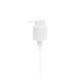The image features the Calaso PP Pump 24/410, a plastic pump dispenser. The pump is white and includes a ribbed collar at the base for secure attachment to a bottle. The actuator (pump head) is smooth with a rounded design, and the dip tube extends below the pump for dispensing liquids. The pump is shown in a clean, isolated setting with a plain white background, highlighting its design and structure.
