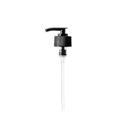 The image shows the Calaso PP Pump 28/410. The product is a clear plastic pump dispenser with a smooth, cylindrical neck and a ribbed actuator. The pump features a long, transparent dip tube extending from the base, designed to reach the bottom of containers for efficient dispensing. The overall design is sleek and functional, suitable for various liquid products.