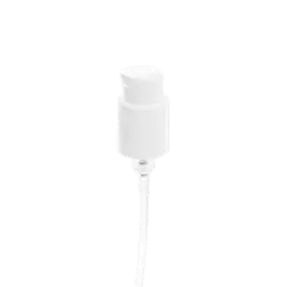 The image displays the Calaso PP Pump 24-410. The pump features a white plastic actuator with a smooth, rounded top designed for easy pressing. It is attached to a ribbed plastic collar that connects to the dispensing mechanism. The pump includes a clear dip tube extending downwards, intended to reach into a container to dispense its contents. The overall design is sleek and functional, suitable for various liquid products.