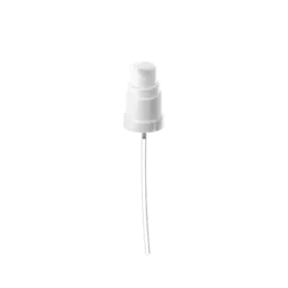 The image shows a Calaso PP Pump DIN18. The pump features a sleek, cylindrical design with a smooth, glossy white finish. It has a long, narrow nozzle extending from the top, designed for precise dispensing. The base of the pump is slightly wider, providing stability when attached to a corresponding bottle. The overall appearance is clean and modern, suitable for various liquid products.