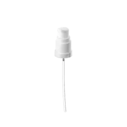 The image shows a Calaso PP Pump Din18. It is a plastic pump dispenser with a sleek, cylindrical design. The pump features a white actuator and a clear cover, which encloses the dispensing mechanism. The neck of the pump is designed to fit DIN18 standard bottles, ensuring compatibility with a wide range of containers. The overall appearance is clean and functional, suitable for dispensing liquids such as lotions, soaps, or other personal care products.