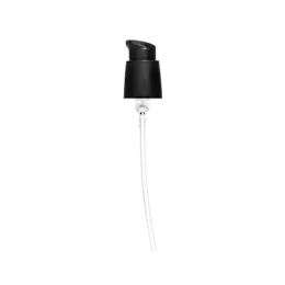 The image shows a "Calaso PP Pump 24/410" in a close-up view. The pump is made of white plastic and features a ribbed texture on the collar for better grip. The pump head is designed for dispensing liquid products and has a long, slender nozzle. The dip tube attached to the pump is visible, extending downwards from the pump head. The overall design of the pump is clean and functional, suitable for use with various bottles and containers.
