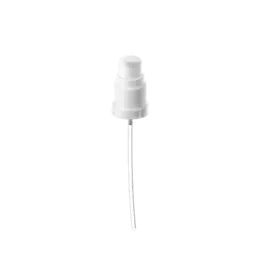 The image shows the Calaso PP Pump DIN18. It features a sleek, cylindrical pump mechanism made from durable plastic. The pump is primarily white, with a smooth texture and a glossy finish. The nozzle of the pump is slightly angled, allowing for easy dispensing of liquids. The pump is designed to be attached to bottles with a DIN18 neck size.