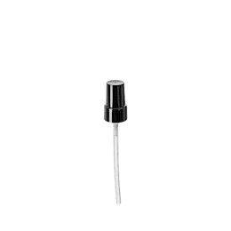 The image shows the Calaso PP Pump 18/415 FPB07A3C007. The pump is made of plastic and features a ribbed texture on the cap for better grip. It has a long, slender dip tube extending from the bottom, designed for dispensing liquids. The pump mechanism is sleek and functional, intended for use with bottles in various applications such as cosmetics or personal care products.