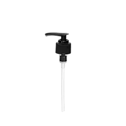 The image shows the "Calaso PP Pump 24/410 FPB15A3C015-200." It is a plastic pump dispenser with a smooth, cylindrical neck that fits a 24/410 threaded bottle opening. The pump features a long, thin dispensing tube and a flat, circular actuator top for easy pressing. The overall design is sleek and functional, suitable for dispensing liquids such as lotions, soaps, or other personal care products.