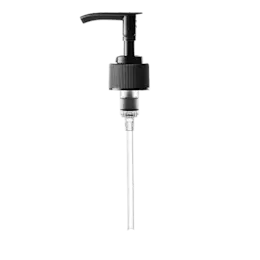 The image showcases the Calaso PP Pump 24/410 FPB15A3C015-200. The product is a sleek, white plastic pump dispenser with a smooth, cylindrical body. The pump features a ribbed collar for easy grip and a long, slender nozzle for precise dispensing. The overall design is modern and functional, suitable for various liquid products.