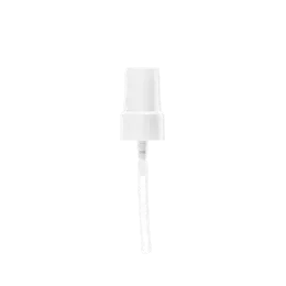 The image shows a Calaso PP Pump 20/410 FPB09A3C008-001. The pump is white and features a ribbed collar with a pump head. The dispensing nozzle is slightly curved, and the pump appears to be made of plastic. The overall design is sleek and functional, intended for use with bottles.