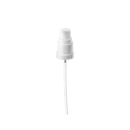 The image features the Calaso PP Pump DIN18 ABB02A3C022. It is a white plastic pump dispenser with a smooth, cylindrical body and a narrow nozzle. The pump mechanism includes a ribbed collar for easy grip and attachment to compatible containers. The design is sleek and functional, suitable for dispensing various liquid products.