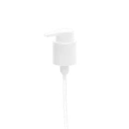 The image shows the Calaso PP Pump 24/410. It is a plastic pump dispenser with a white finish. The pump features a ribbed collar for easy grip and a slender, elongated nozzle for precise dispensing of liquid products. The design is straightforward and functional, ideal for use with bottles containing lotions, soaps, or other similar liquids.