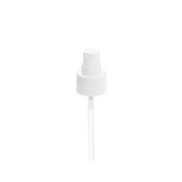 The image shows the Calaso PP Pump 24/410 FPB15A3C005-001. It is a white plastic pump dispenser with a ribbed collar, designed for screw-on attachment to bottles. The pump has a long, narrow dispensing nozzle and a smooth, cylindrical actuator for easy pressing. The overall design is sleek and functional, suitable for dispensing liquid products.