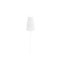 The image showcases the Calaso PP Sprayer DIN18. It is a white plastic sprayer with a ribbed texture on the neck for easy grip. The sprayer features a standard spray nozzle at the top, which is connected to a long dip tube extending downward. The nozzle is designed for dispensing liquids in a fine mist. The overall design is simple and functional, suitable for attaching to bottles with a DIN18 neck finish.