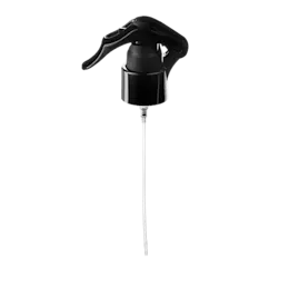 The image shows the Calaso PP Sprayer 24/410. The product is a plastic spray nozzle with a ribbed collar for better grip and an adjustable spray head. The spray head is white and features a small, protruding nozzle for dispensing liquids. The collar is designed to attach securely to compatible bottles. The overall design is functional and suitable for a variety of liquid dispensing needs.