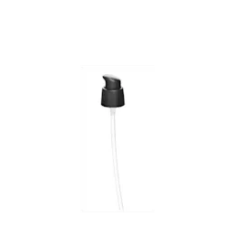 The image shows a white, plastic pump with a smooth cylindrical body and a ribbed actuator, designed for dispensing liquid products. The product name is "Calaso PP Pump 18/400." The pump has a standard 18/400 neck finish, suitable for screwing onto compatible bottles. The actuator is designed to be pressed down to dispense the product, and the pump includes a dip tube to reach the liquid inside the container.