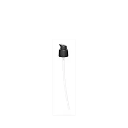 The image shows the Calaso PP Pump 18/400. The product is a clear, cylindrical plastic pump dispenser with a smooth finish. It features a white pump mechanism and nozzle, designed for dispensing liquids such as lotions or soaps. The pump is attached to a narrow neck that fits standard 18/400 threads, suitable for a variety of bottle types.