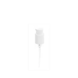 The image shows a Calaso PP Pump 24/410. It is a white plastic pump dispenser commonly used for dispensing liquid products such as lotions, soaps, or other personal care items. The pump features a ribbed collar for better grip and a long, slender nozzle for precise dispensing. The overall design is simple and functional, suitable for attaching to compatible bottles.