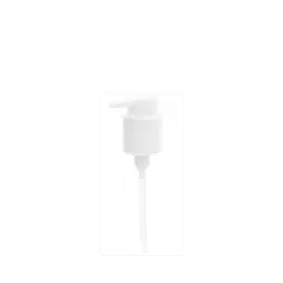 The image shows a "Calaso PP Pump 24/410" dispenser. The pump is white and features a ribbed neck for secure attachment. It has a sleek, cylindrical design with a smooth actuator for easy dispensing of liquids. The dip tube extends from the pump mechanism, designed to reach the bottom of bottles for efficient product use. The overall design is clean and functional.