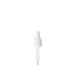 The image showcases the Calaso PP Dropper DIN18. It is a sleek, cylindrical dropper bottle with a clear glass body and a white plastic screw cap that includes a built-in dropper mechanism. The dropper is designed for precise dispensing of liquids and fits securely onto the bottle, ensuring leak-proof storage. The overall design appears modern and functional, suitable for various liquid products.