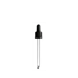 The image features the Calaso PP Dropper DIN18. This product consists of a clear glass bottle with a black plastic dropper cap. The dropper cap has a smooth, shiny finish and appears to be made of durable plastic. The clear glass bottle beneath it is cylindrical in shape, allowing for easy visibility of the contents inside. The dropper is designed for precision application, making it suitable for dispensing liquids like essential oils, serums, or other similar products. The overall appearance is sleek and functional.