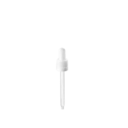 The image features the "Calaso PP Dropper DIN18." The product is a clear, cylindrical dropper bottle with a white screw cap. The dropper component appears to be integrated into the cap. The bottle is sleek and simple, designed for dispensing liquids in controlled amounts. The overall aesthetic is minimalistic and functional.