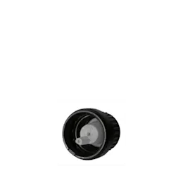 The image shows the Calaso PP Dropper DIN18. The dropper features a black cap with a ribbed texture for easy grip, and a clear glass pipette attached to it. The dropper is designed for precise dispensing of liquids and fits securely onto compatible bottles. The overall appearance is sleek and functional.