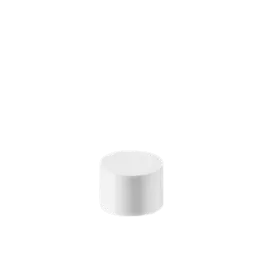 The image depicts the Calaso PP Threaded Closure 20-410 MCB09A1A001-001. It is a small, cylindrical, white plastic screw cap designed for bottles. The cap has a smooth, glossy surface with evenly spaced vertical ridges along the sides for grip. The top of the cap is flat and unmarked. The threaded interior is visible at the bottom of the cap, indicating that it is designed to securely screw onto a compatible bottle.