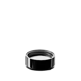The image depicts the Calaso PP Threaded Closure 53-400 HPA30A1A001-200. It is a black plastic screw-on cap with a smooth, slightly domed top and a ribbed side for easy gripping. The cap features threading on the inside, designed to securely close and seal compatible containers. The overall design is simple and functional, focusing on practicality and ease of use.