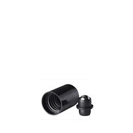 The image shows the Calaso PP Threaded Closure DIN18 EGB02A2C001-200. This product is a black, circular, polypropylene (PP) cap with a threaded design, intended for sealing bottles with a DIN18 neck finish. The cap features a smooth, slightly glossy surface and a ridged edge for better grip.