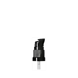 The image displays the Calaso PP Pump DIN18. It features a sleek, cylindrical design with a smooth, shiny black finish. The pump top has a flat, circular dispenser head with a small nozzle for dispensing liquid. The base of the pump is designed to screw onto a compatible bottle, indicated by the threaded interior visible at the bottom of the pump. The overall design is modern and minimalist.