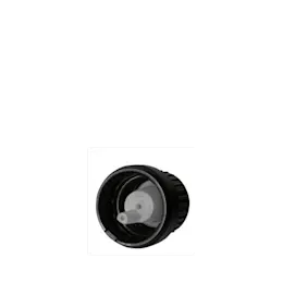 The image shows the Calaso PP Dropper DIN18 with SKU RGB02D2B004-200. It is a sleek, cylindrical dropper bottle with a black cap. The bottle appears to be made of clear glass, allowing the contents to be visible. The dropper cap has a smooth, glossy finish and is designed for precise dispensing of liquids. The overall design is minimalist and functional.
