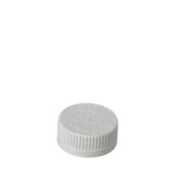 The image shows the MRP Solutions PP Threaded Closure 33-400 DB033. It is a white, circular, plastic screw-on cap with a smooth surface and a threaded interior designed to fit onto a bottle or container. The closure appears simple and functional, devoid of any visible branding or markings.