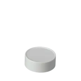 The image displays a white, round, threaded closure cap made of polypropylene (PP). The cap has a smooth surface and features a ribbed edge for easy gripping. The threading is visible on the inside of the cap, designed to fit securely onto containers. This product is the MRP Solutions PP Threaded Closure 48-485.